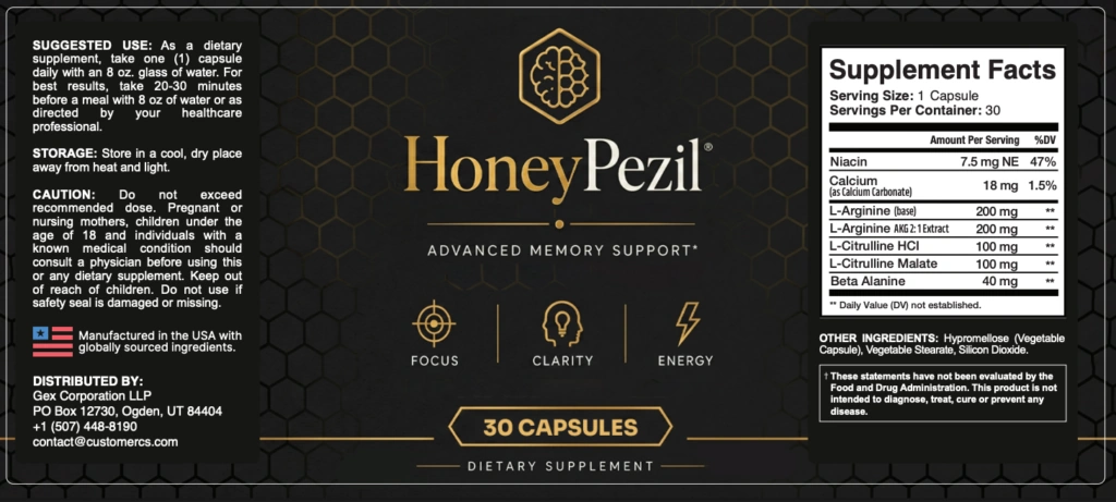 HoneyPezil supplement facts label showing the complete 6-ingredient neuroactive formula